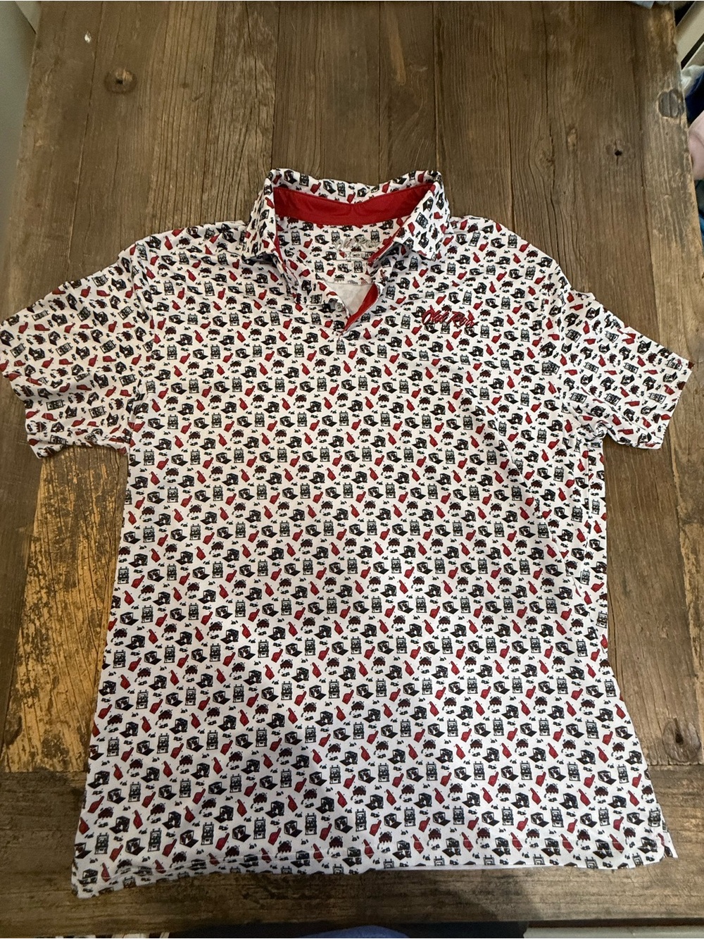 Men's White Polo with Red & Black All-Over Print